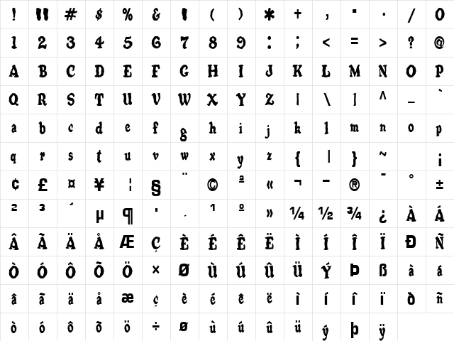 FoolHartOld27 Regular  glyph index