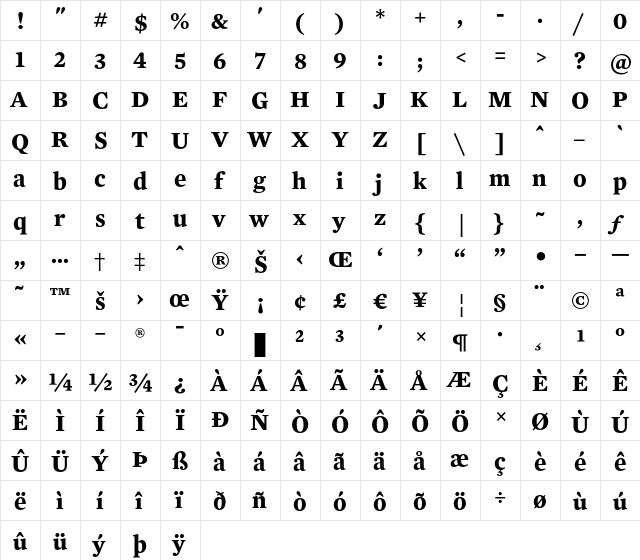 Mercury Text G3 Bold  glyph index