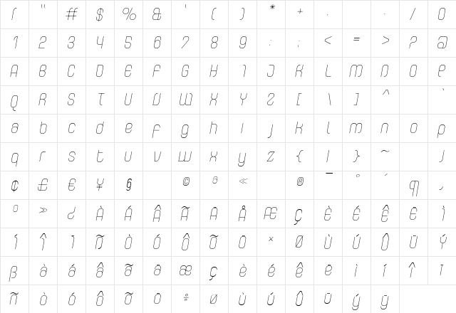 CurvatureFine Italic Regular  glyph index