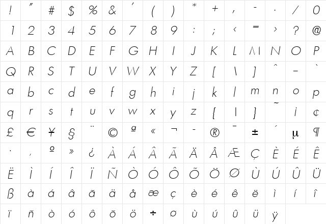 PeterBecker-ExtraLight Italic  glyph index