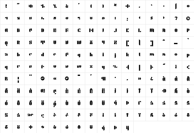 P22Albers Regular  glyph index