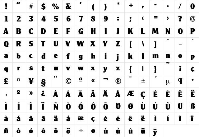 Cleargothic-ExtraBold Regular  glyph index