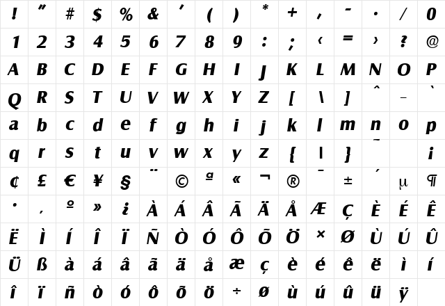 SalzburgSerial-Xbold Italic  glyph index