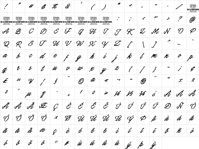 Honeymoon Bold PERSONAL USE Regular  glyph index