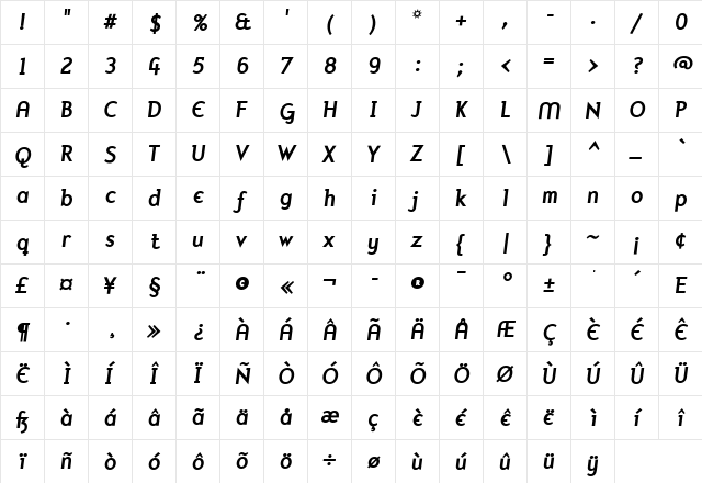 Mercury Bold Italic  glyph index