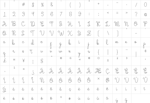 Evangetta ExtLt Regular  glyph index