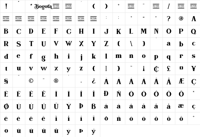 Bogota Bold Personal Use Regular  glyph index