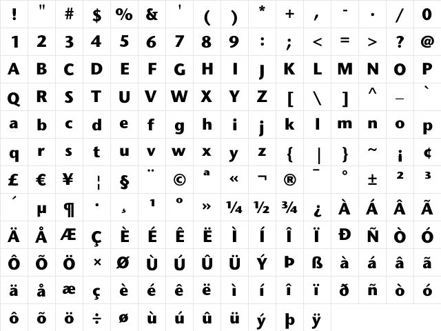 CaltexNovaSans Bold  glyph index