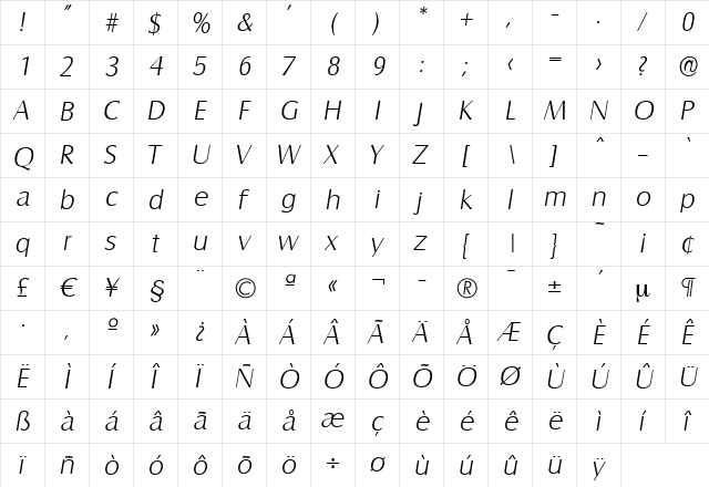 BillyBecker-ExtraLight Italic  glyph index