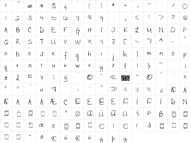 BettysHand Regular  glyph index
