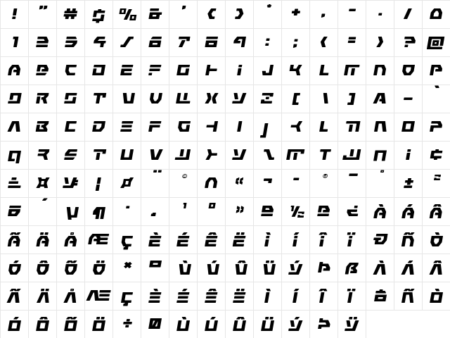 Command Override Expanded Italic Expanded Italic  glyph index