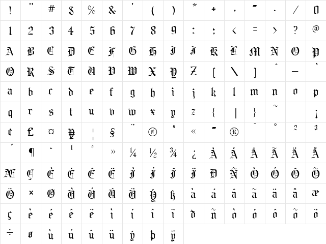 BeneScriptine Regular  glyph index