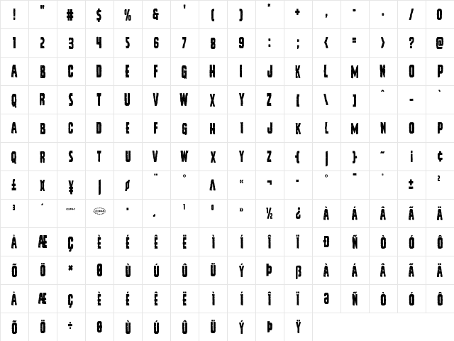 Vicious Hunger Condensed Condensed  glyph index