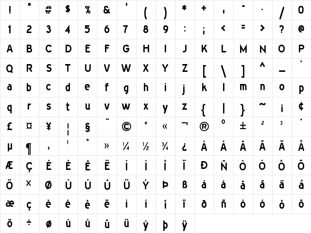 Wevli Condensed Bold  glyph index