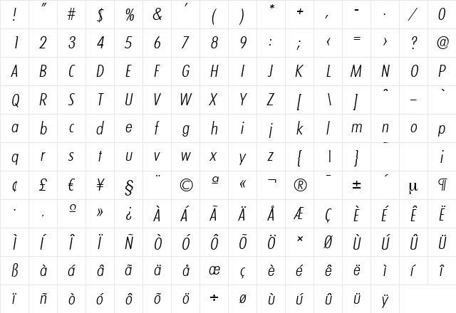 LimerickCdSerial-Light Italic  glyph index