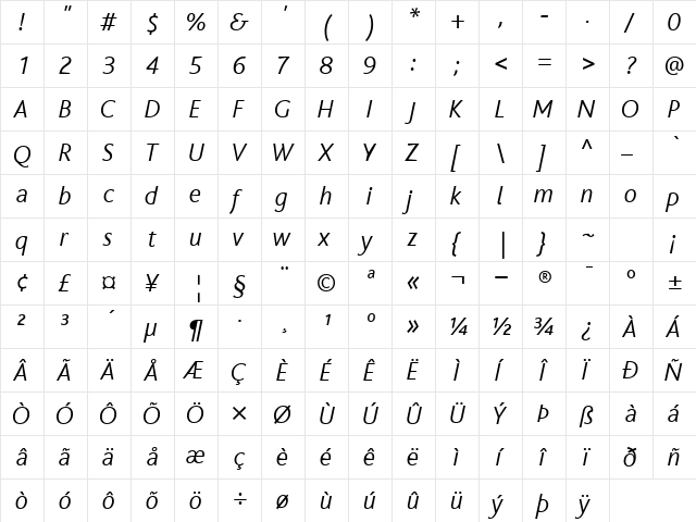 BlissLightItalic Regular  glyph index