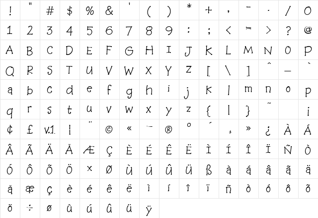 BaaBookHmk Regular  glyph index