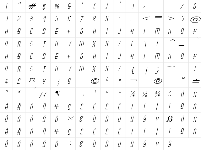 Hustle Extended Italic  glyph index