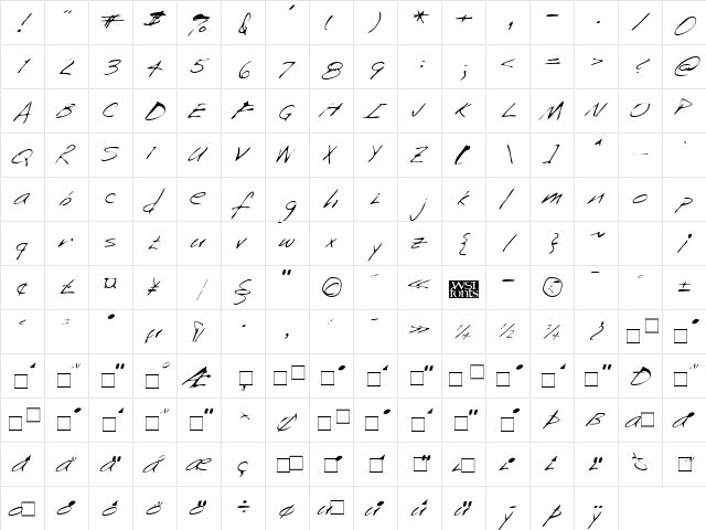 SaffronsHand Regular  glyph index