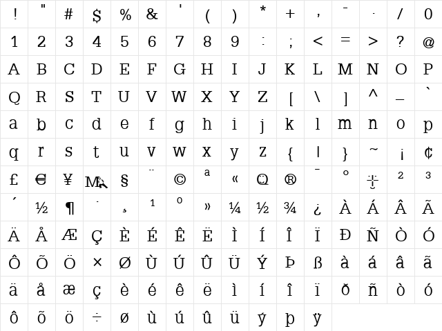 SteepSlab-Medium Regular  glyph index