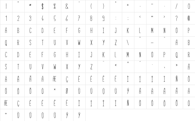 Cabana Regular  glyph index