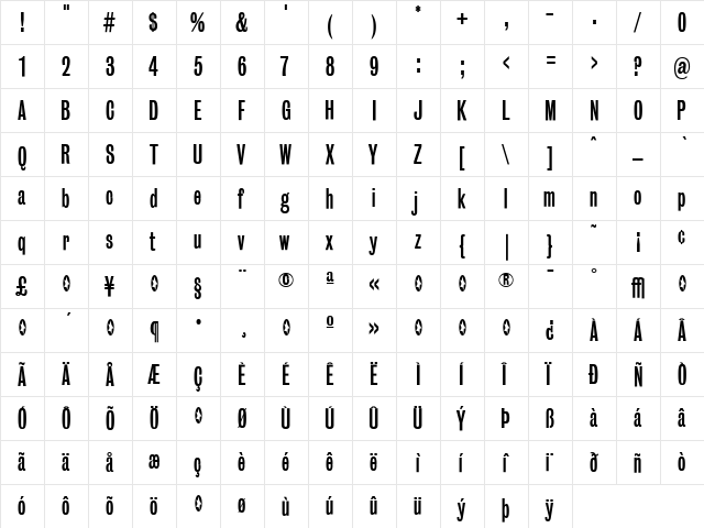 BureauGrotesque-OneThree Regular  glyph index