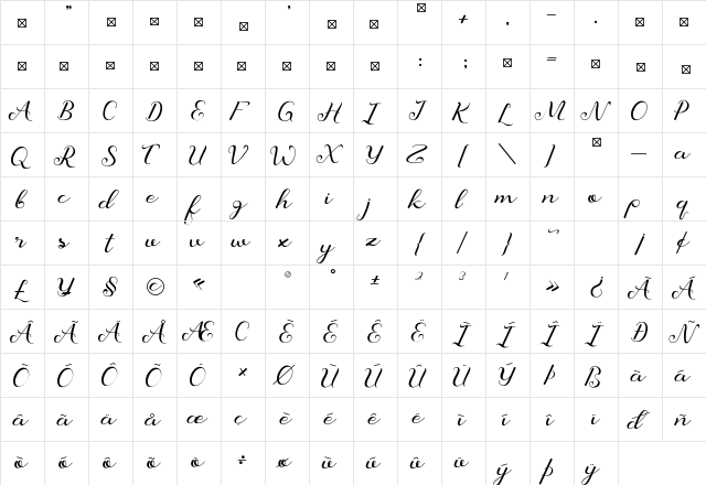 Belvania Regular  glyph index