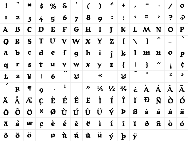 JournalOldstyle Bold  glyph index