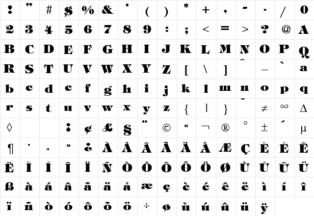 TiffanyTwoHeavy Regular  glyph index
