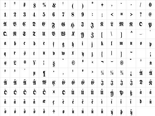 BarronCondensed Regular  glyph index