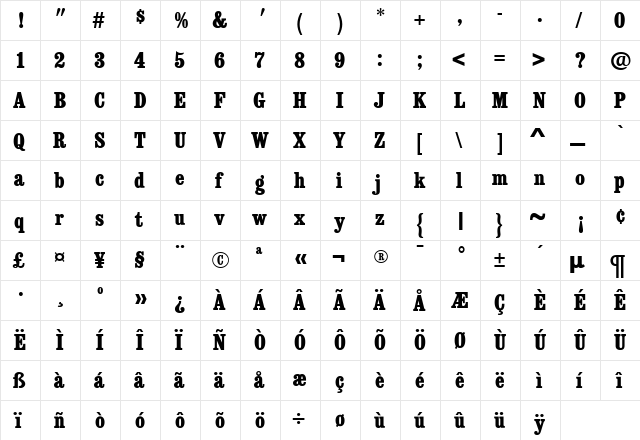 ConsortExtraBoldCondensed Bold  glyph index