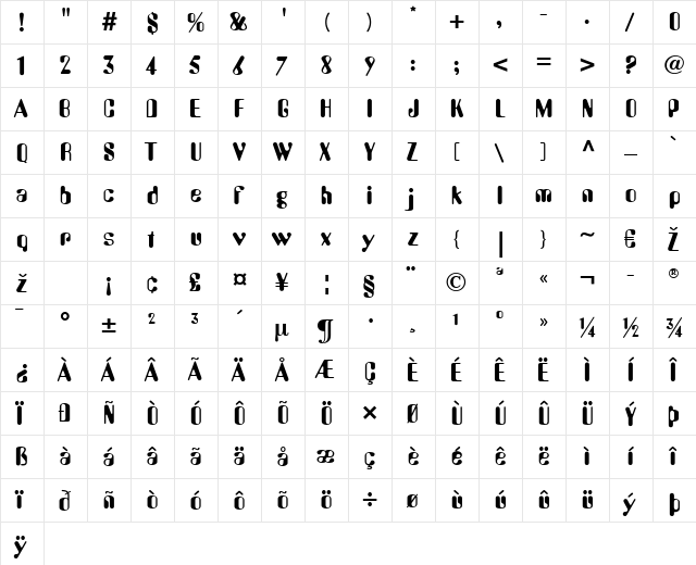 AmeliaLL Regular  glyph index