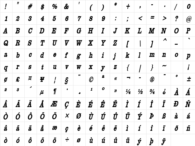 ClareCondensed BoldItalic  glyph index