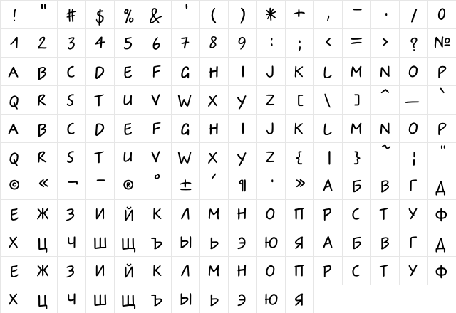 IrinaC Regular  glyph index