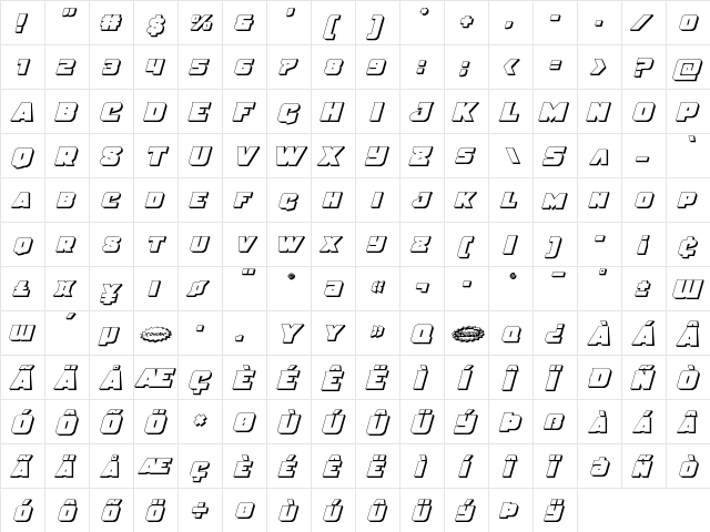 Justice 3D Regular  glyph index