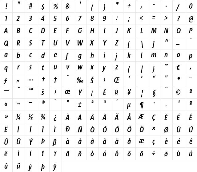 Corpid Cd LF Bold Italic  glyph index