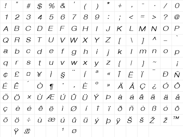 ContextRepriseLightExpSSK Bold Italic  glyph index