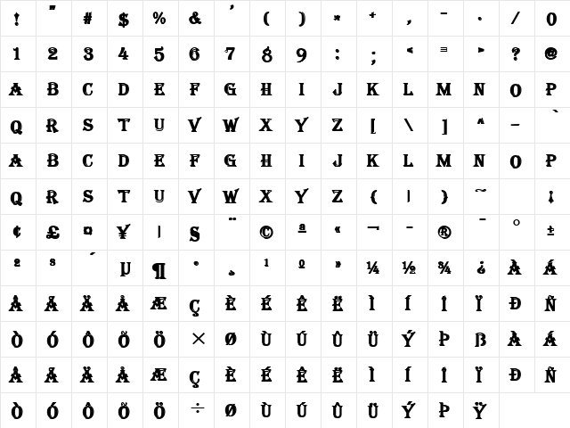 Tangiers Bold  glyph index