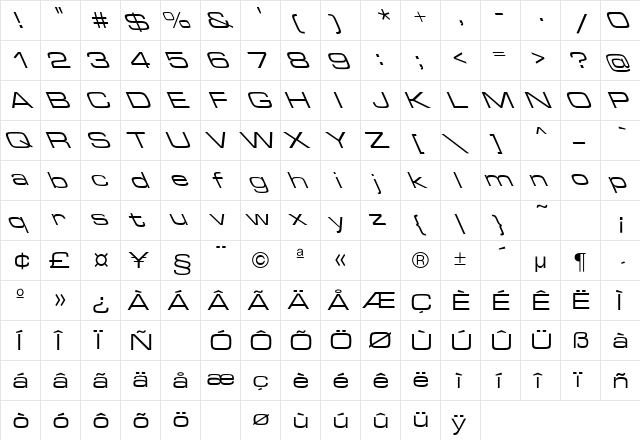 Eurostile Extended-Roman-Lefty Regular  glyph index