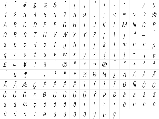 Beetham CondensedLightOblique  glyph index
