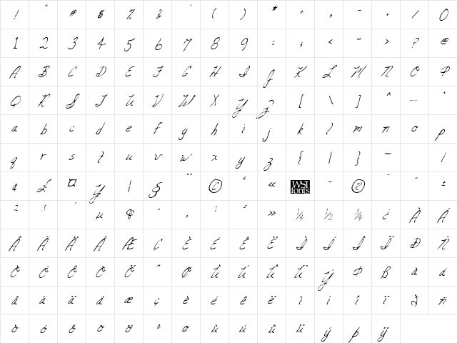 CarolinesHand Italic  glyph index
