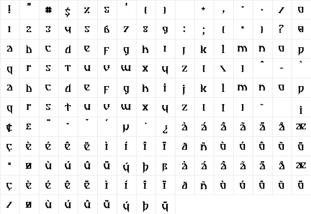 Breathe Fire II Regular  glyph index