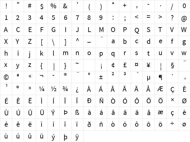 Source Sans Pro Regular  glyph index
