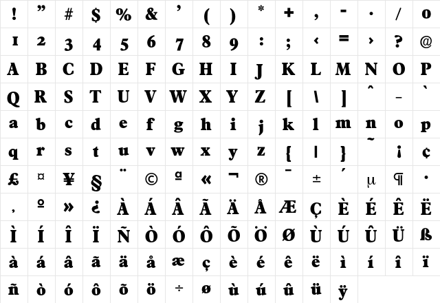 Francisco-ExtraBold Regular  glyph index