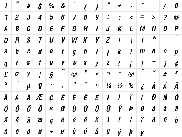 Helvetica Bold Condensed Oblique  glyph index
