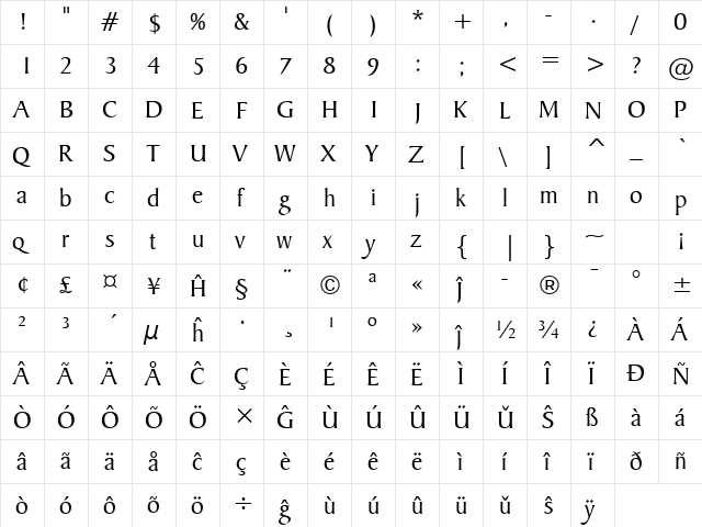 BakerSignet BT Eo Roman  glyph index