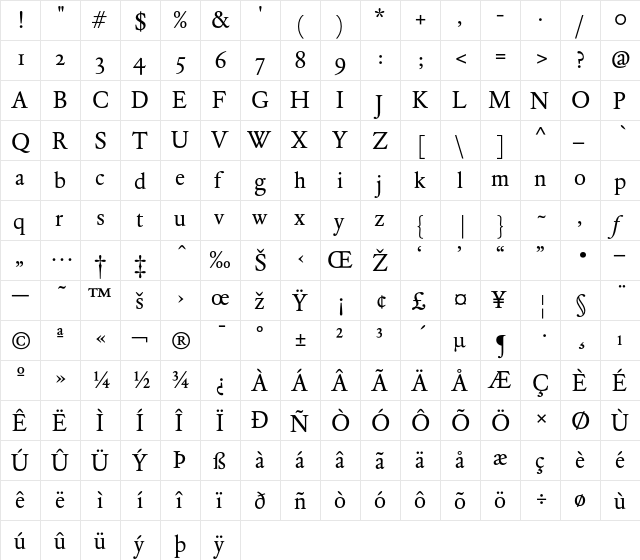 DTLElzevirSTBook Regular  glyph index