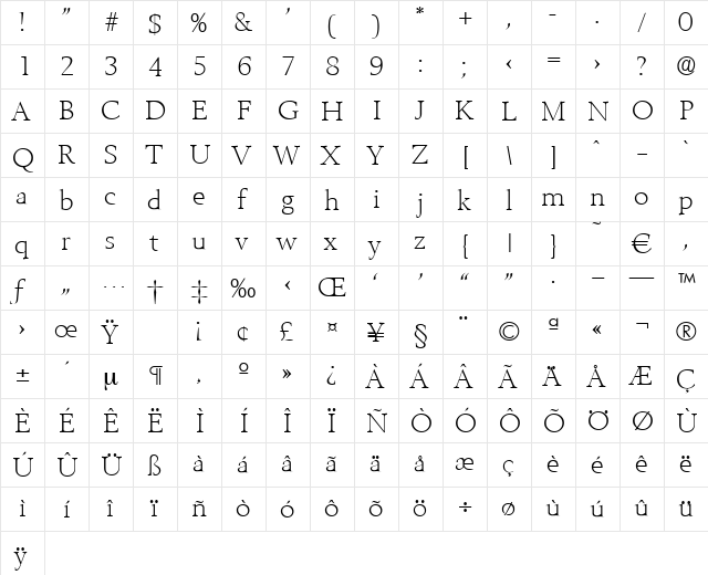 Belfast-Xlight Regular  glyph index