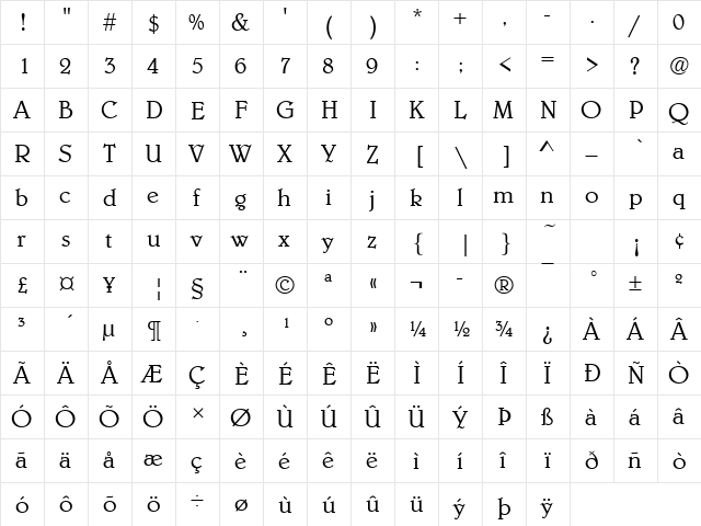 Elegance Light Regular  glyph index