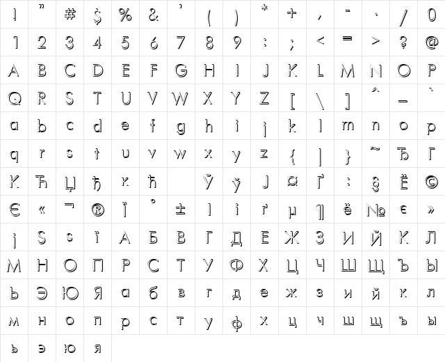 FuturisVolumeC yrillic  glyph index